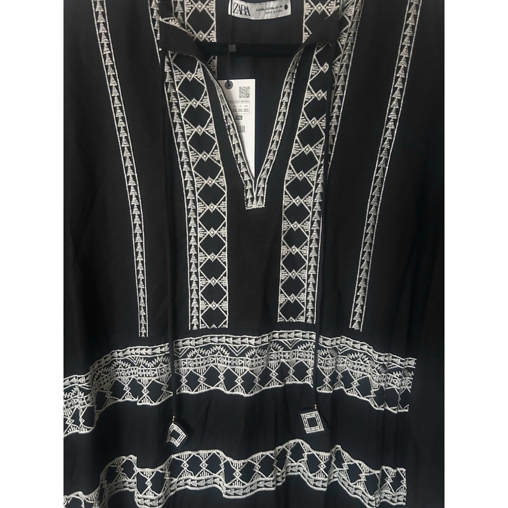 NEW Zara Midi Dress Black Embroidered Linen Blend Tiered Long Sleeve 2XL Boho - Picture 5 of 14